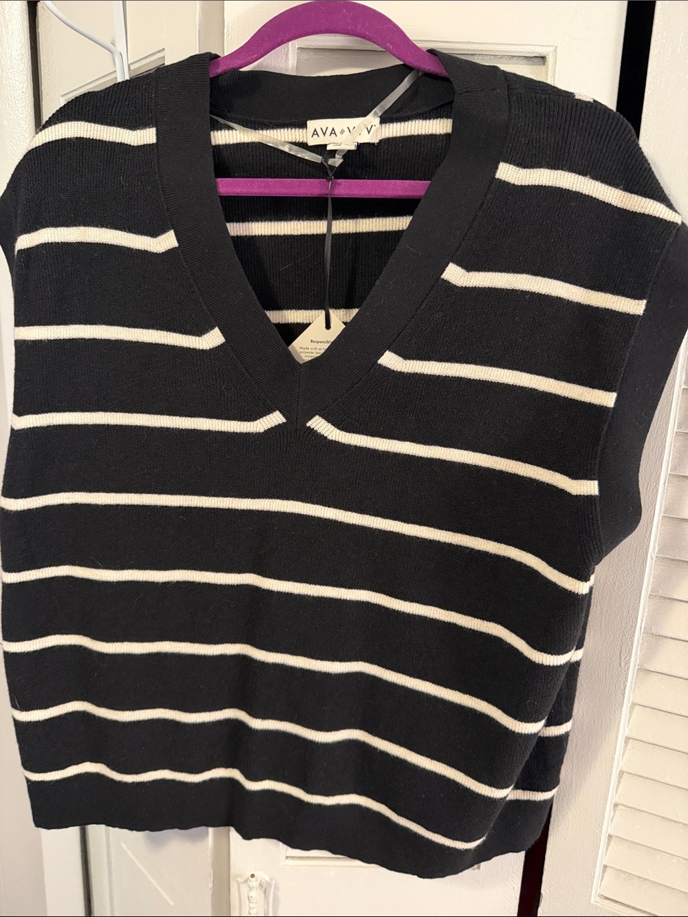 Ava & Viv Black and White Striped V-Neck Sweater Vest